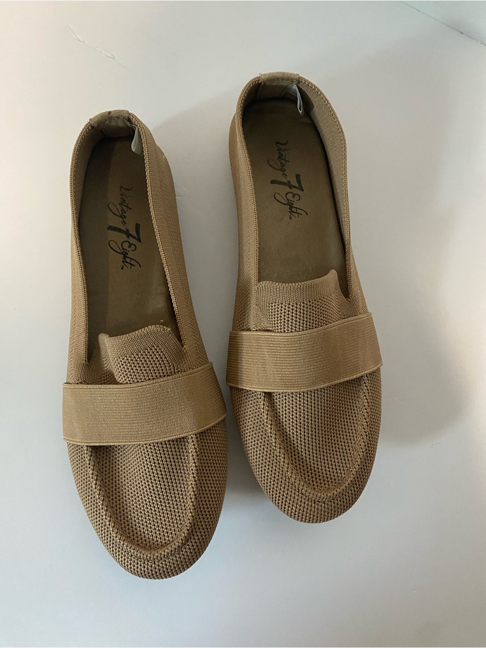 Vintage 7 Eight Women's Beige Knit Slip-On Loafers with Elastic Strap